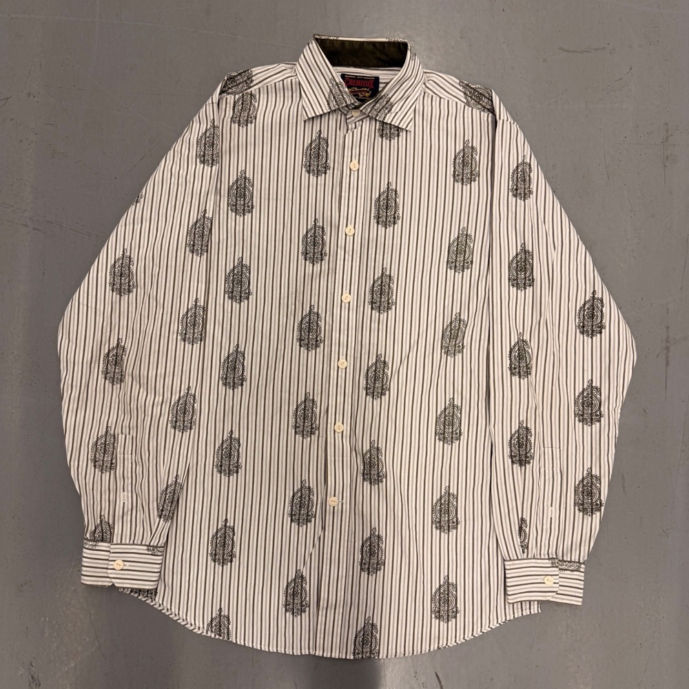 Cremieux Mens Medium Striped Paisley Long Sleeve Cotton Button Down‎ Shirt White